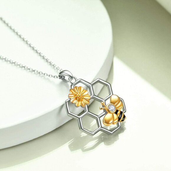 925 Sterling Silver Bee Necklace with Honeycomb Pendant for Women - Picture 3 of 7